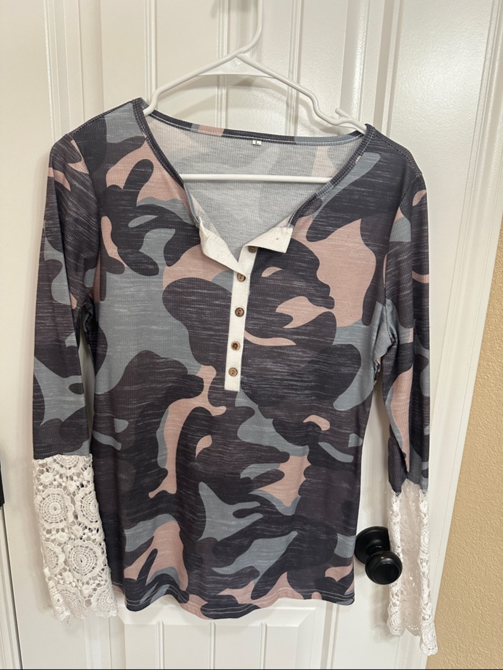 Women’s Pink & Gray Camo Henley Top with Lace Cuffs